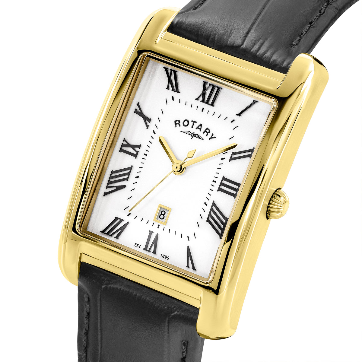 Rotary - Gents Heritage Astoria Quartz Watch, Black Leather Strap, Stainless Steel Yellow Gold PVD Plated Rectangular 29mm Case, White Dial With Black Roman Niumerals, Date Window, Sapphire Glass
