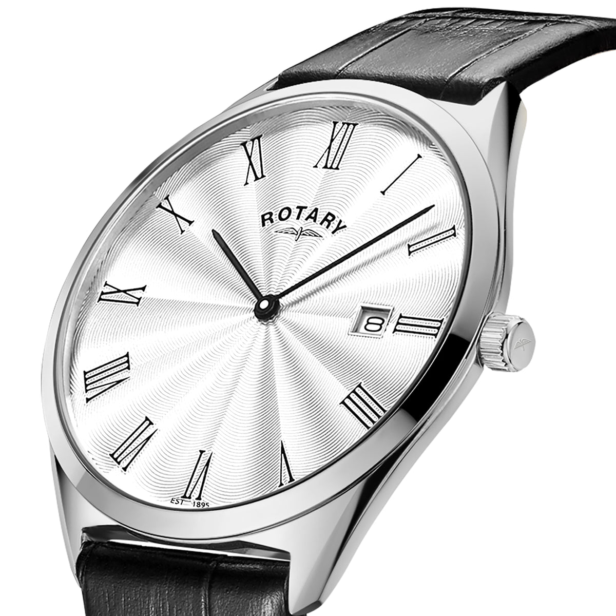 Rotary Ultra Slim 38mm Stainless Steel Black Leather Quartz Mens Watch