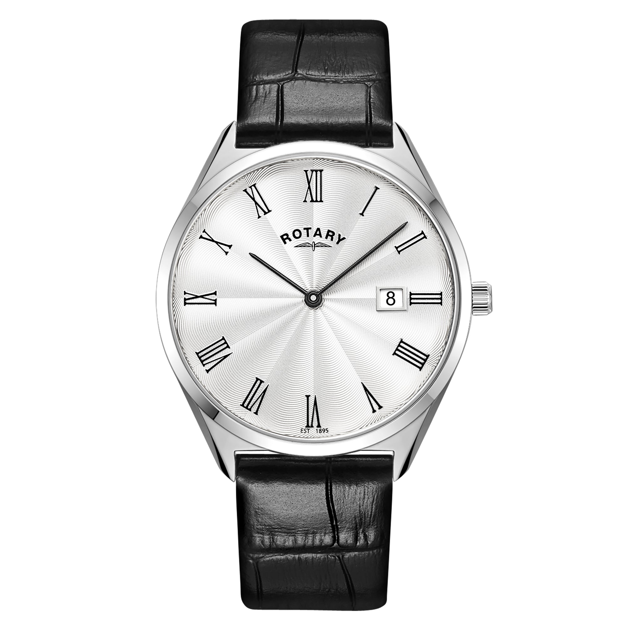 Rotary Ultra Slim 38mm Stainless Steel Black Leather Quartz Mens Watch