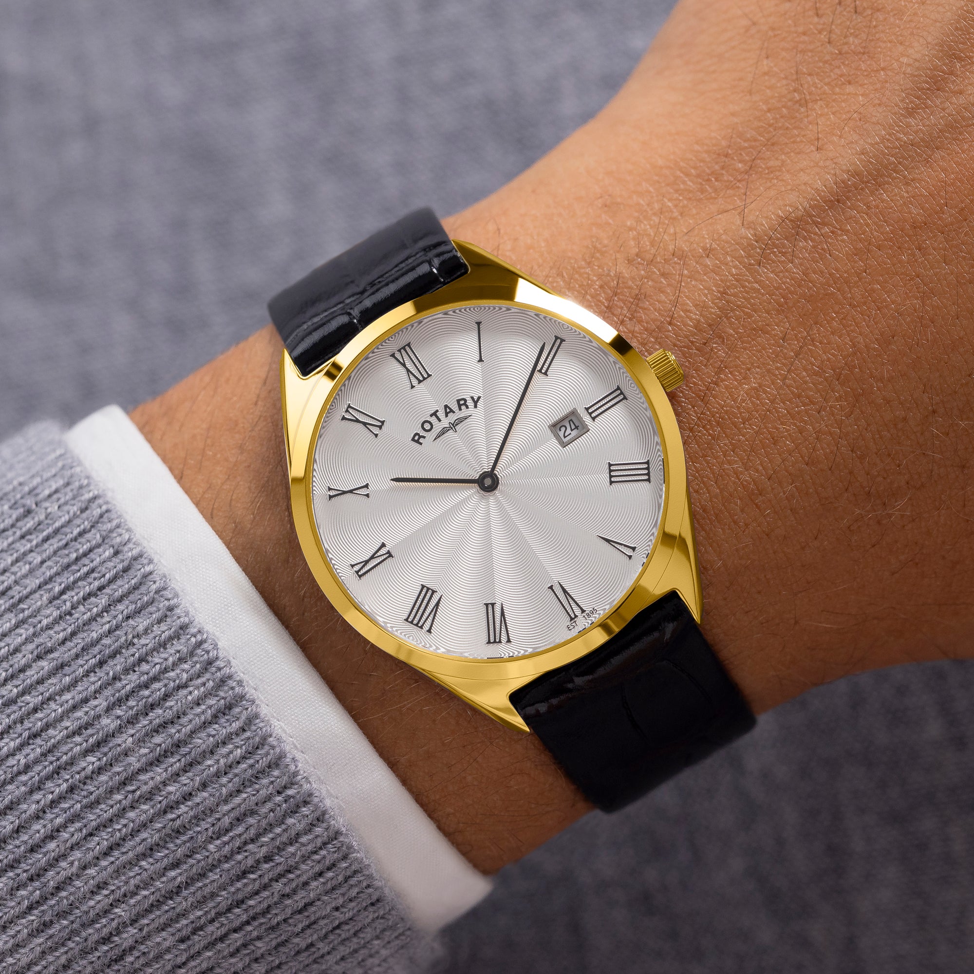 Rotary Ultra Slim 38mm Yellow Gold PVD Black Leather Quartz Mens Watch
