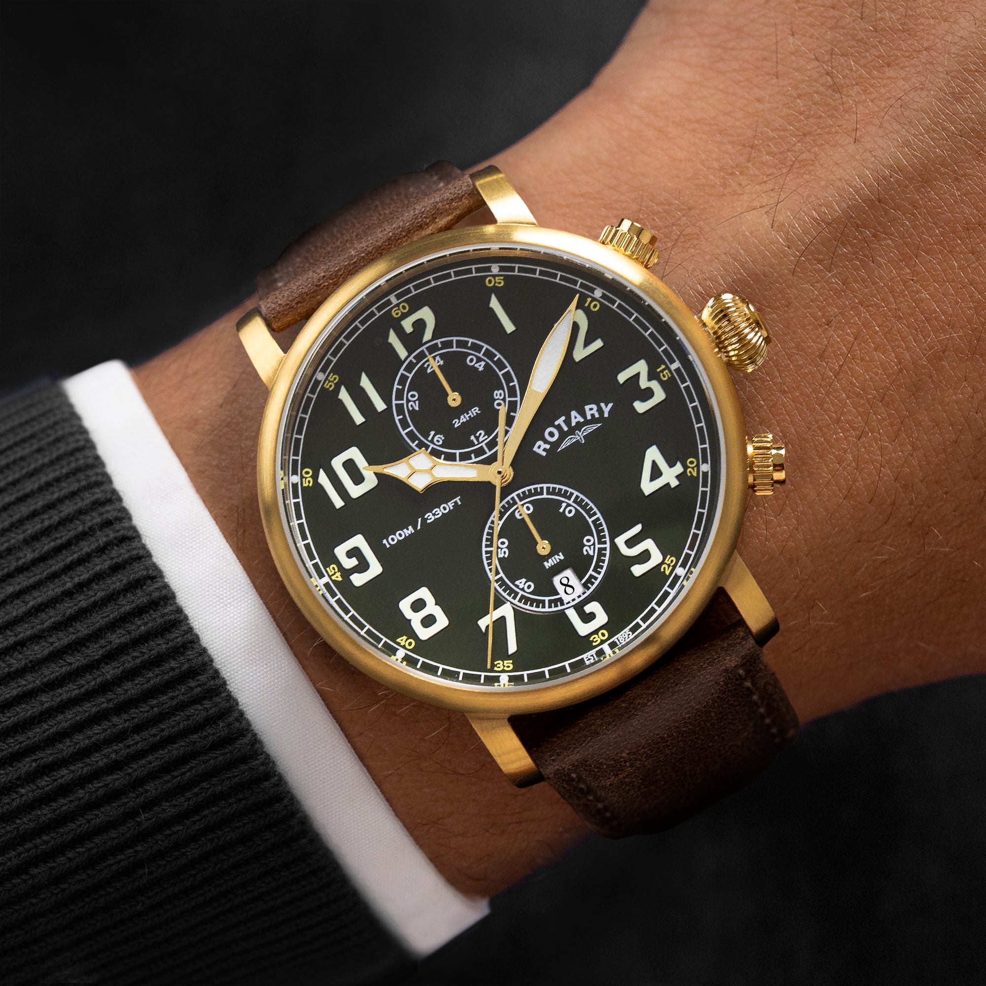 Rotary Apex100 Pilot 43mm Green Dial Yellow Gold PVD Brown Leather Quartz Chronograph Mens Watch