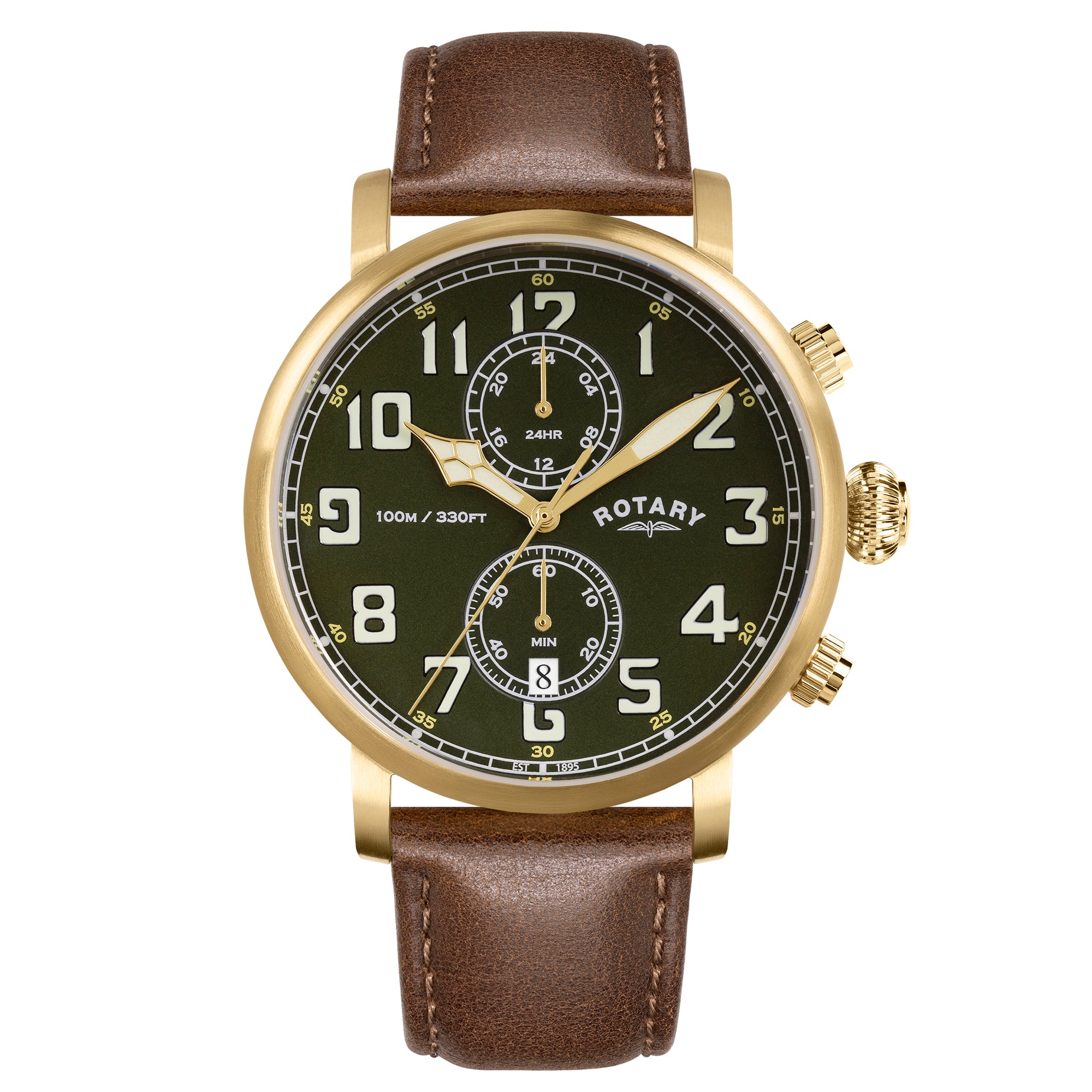 Rotary Apex100 Pilot 43mm Green Dial Yellow Gold PVD Brown Leather Quartz Chronograph Mens Watch