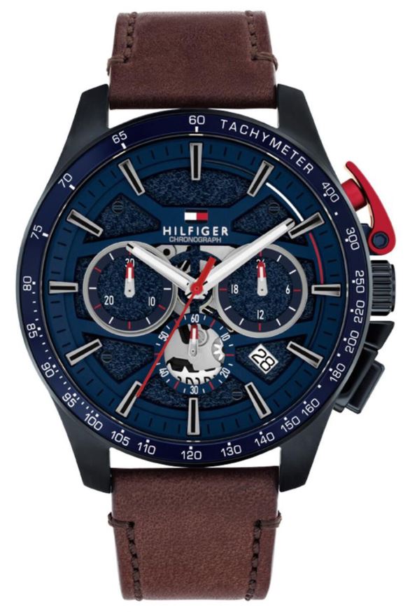 Tommy Hilfiger Gents Bank Quartz Chronograph Watch 44mm Blue Skeleton Dial with Brown Leather Strap