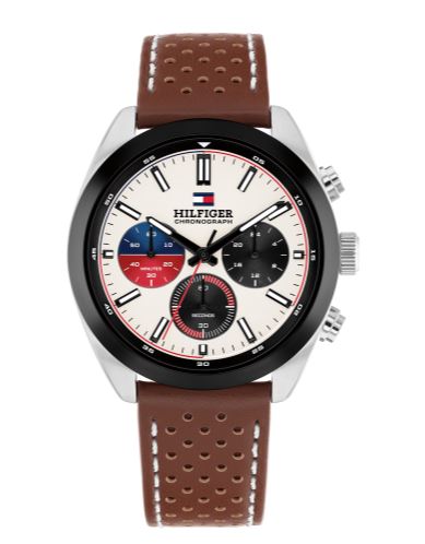 Tommy Hilfiger Hudson Chronograph 40mm White Dial Brown Leather Strap Quartz Mens Watch