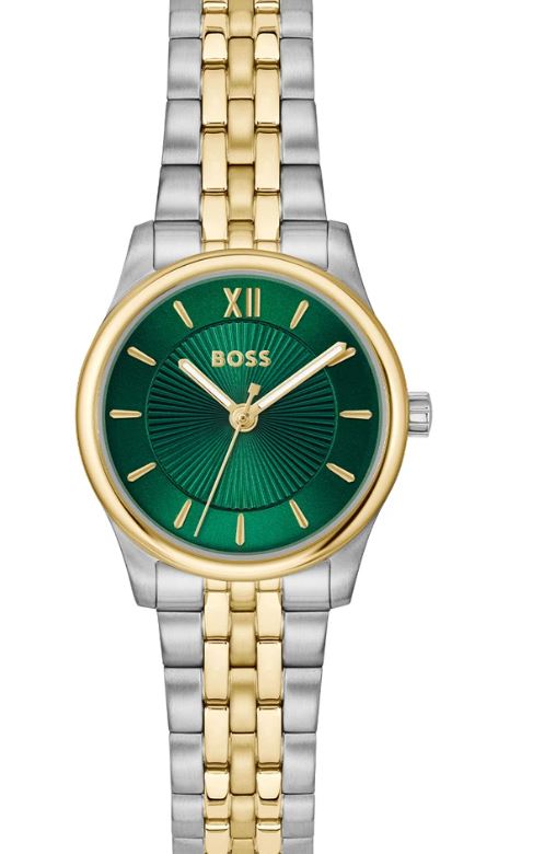 Hugo Boss Ladies Graceful Mina Quartz Watch 25mm Stainless Steel & Yellow Gold Plated Green Dial