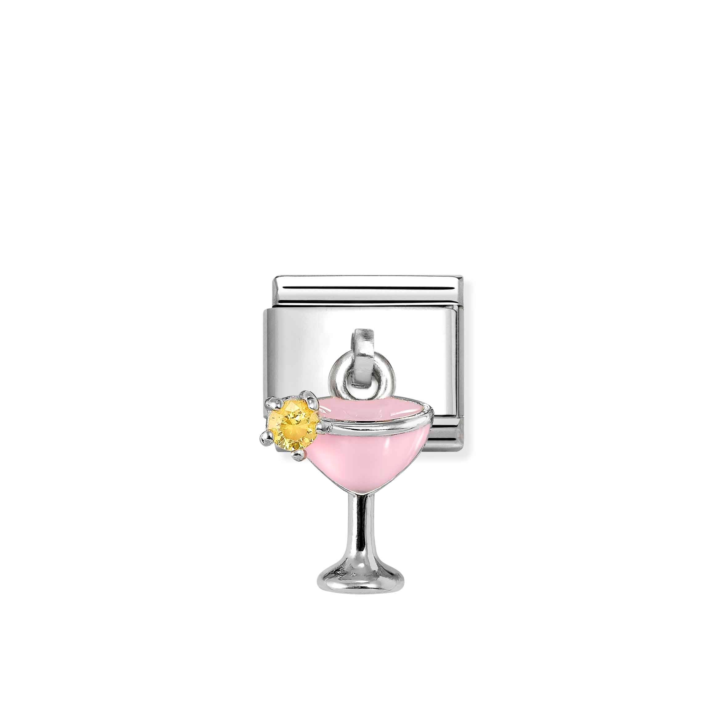 Nomination Composable Classic Hanging Pink Cocktail Glass Charm - Stainless Steel & Sterling Silver with Enamel & Cubic Zirconia