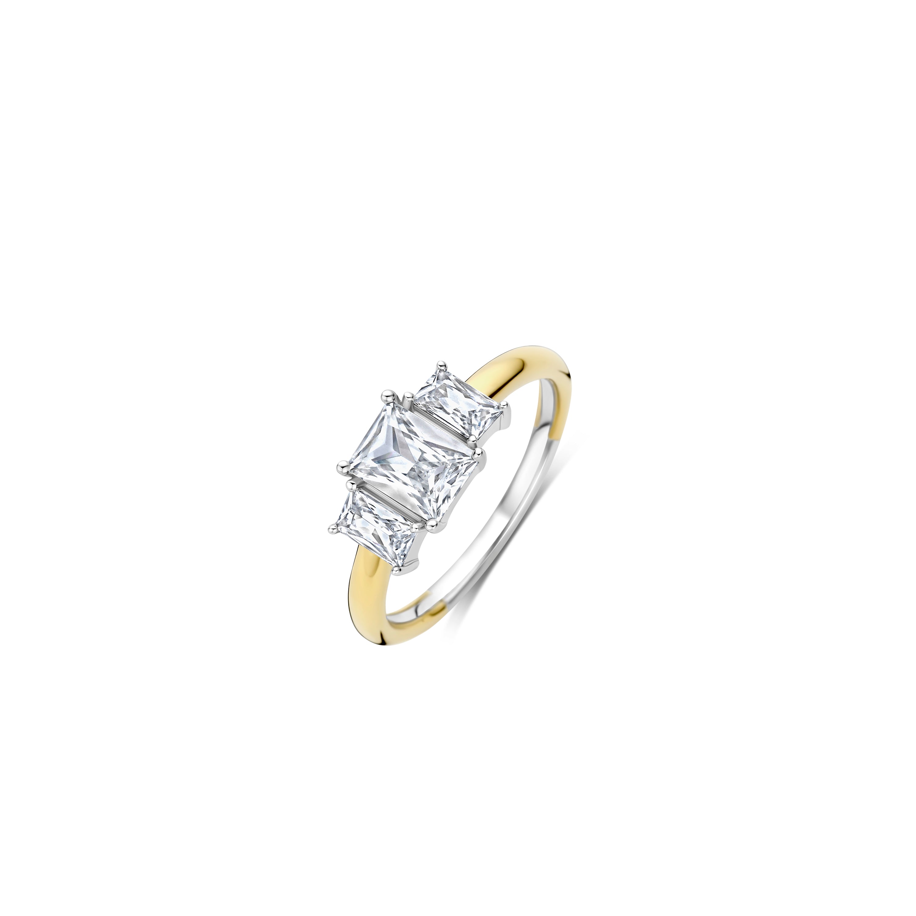 Ti Sento Sterling Silver & Yellow Gold Plated 3 Stone Baguette Cut Cubic Zirconia Ring (Size 54)