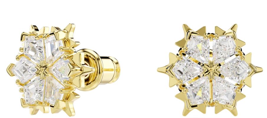 Swarovski Magic Stud Earrings, Mixed Cuts, Snowflake, White, Gold Tone Plated