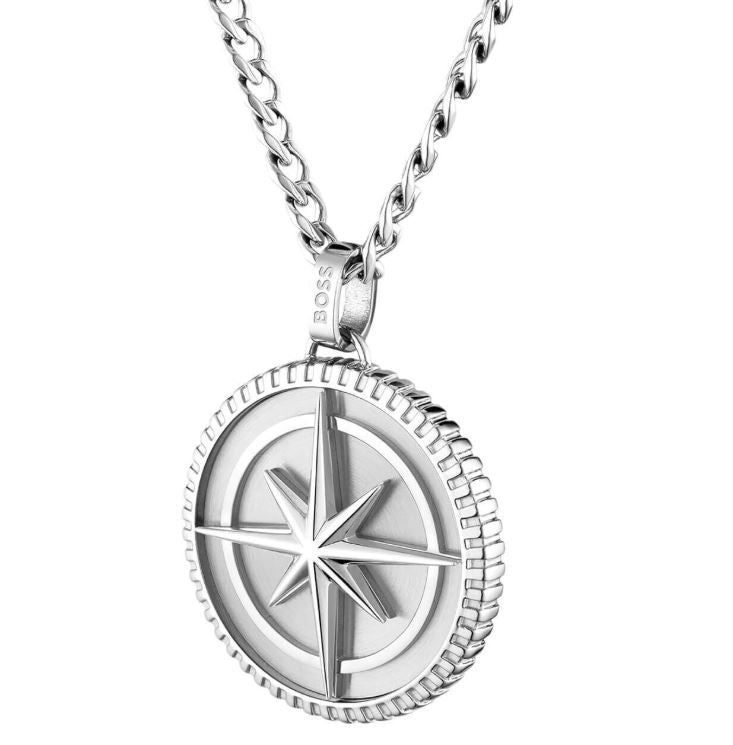 Hugo Boss Stainless Steel North Star Pendant on 22 Inch Curb Chain