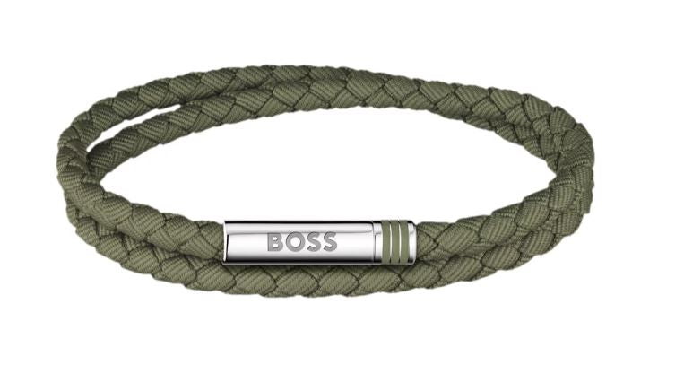 Hugo Boss Ares Khaki Green Double-Braided Nylon Bracelet with Stainless Steel Magnetic Clasp 19cm
