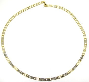 Vintage 9ct Yellow And White Gold Greek Link Cubic Zirconia Necklet
