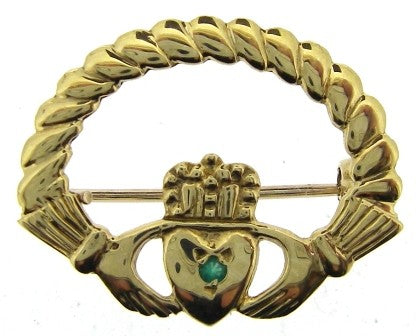 Vintage 9ct Yellow Gold Claddagh Brooch With Green Agate Stone