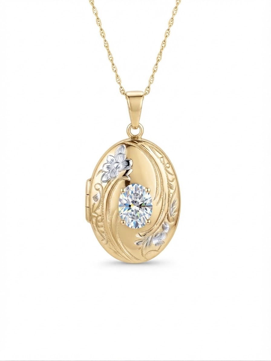 9ct Yellow And White Gold Oval Locket Pendant With Cubic Zirconia
