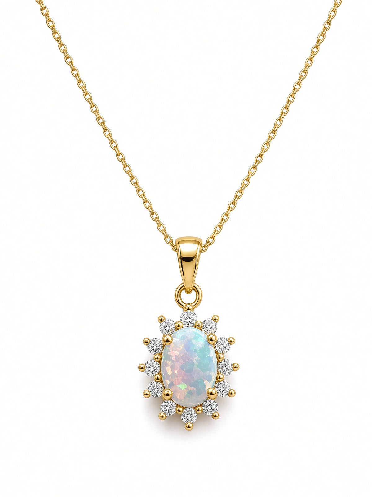 9ct Yellow Gold Synthetic Opal And Cubic Zirconia Cluster Pendant 17-18"
