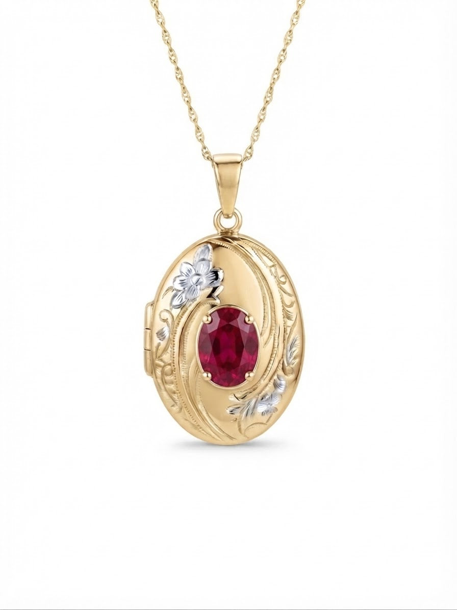 9ct Yellow And White Gold Oval Locket Pendant With Ruby 17-18"