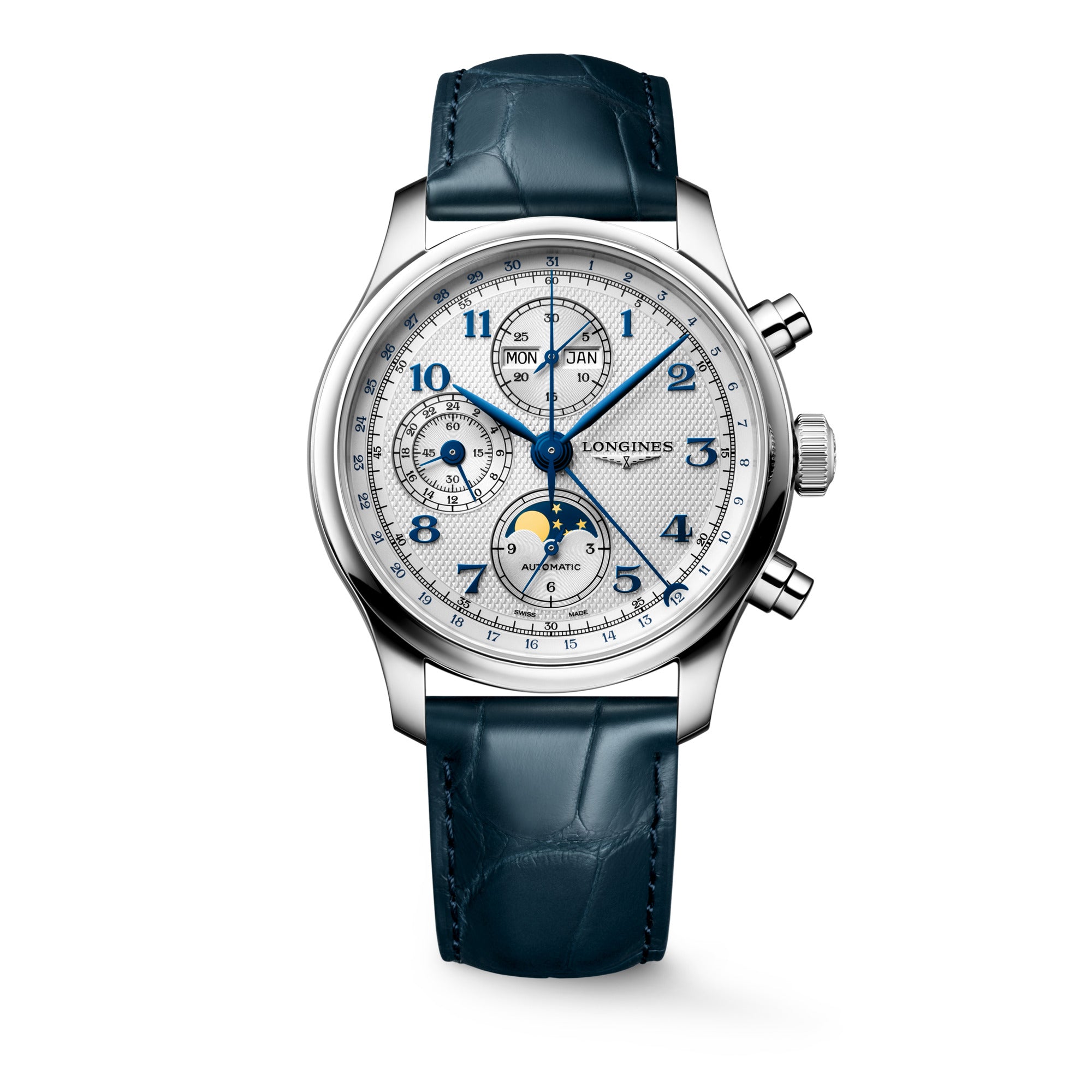 Longines Master Collection 41mm Silver Dial Automatic Chronograph Moon Phase Mens Watch