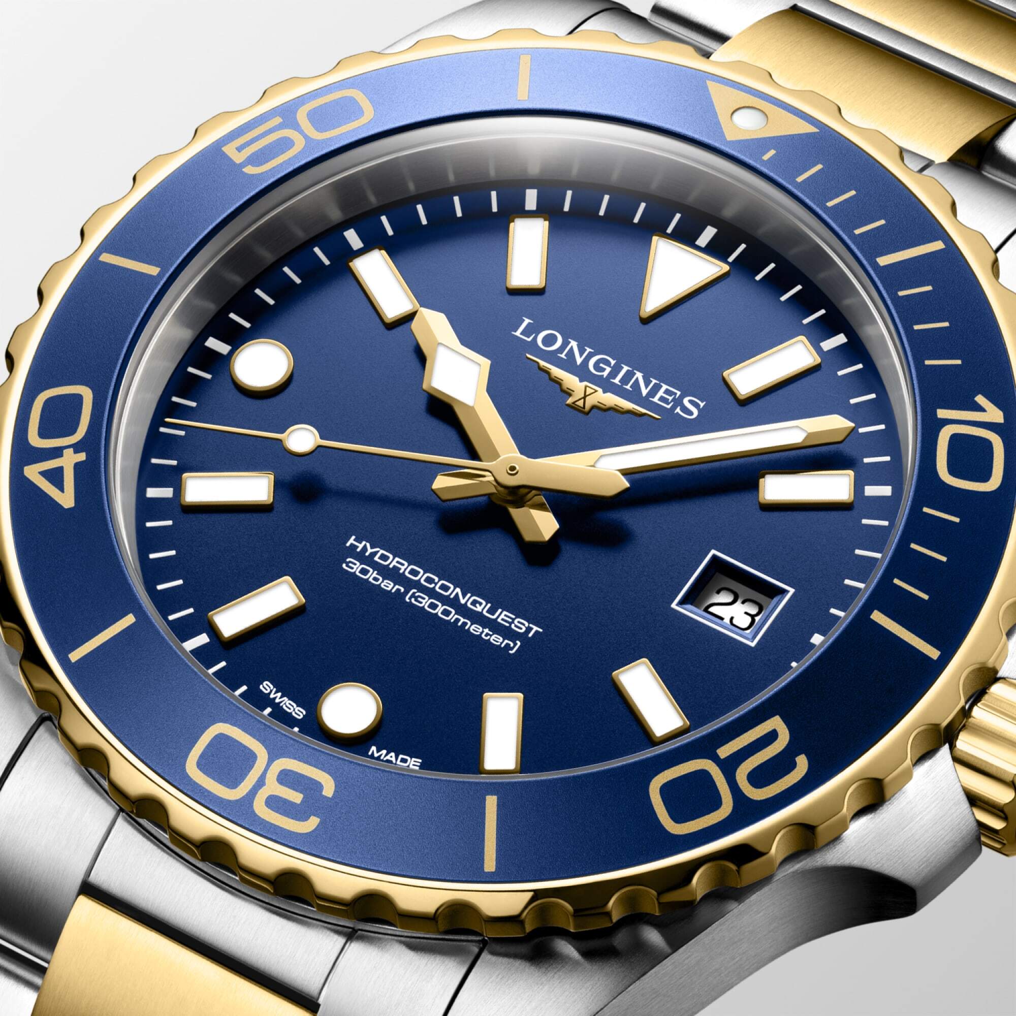 Longines HydroConquest 42mm Blue Bezel Yellow Gold PVD Bracelet Quartz Mens Watch