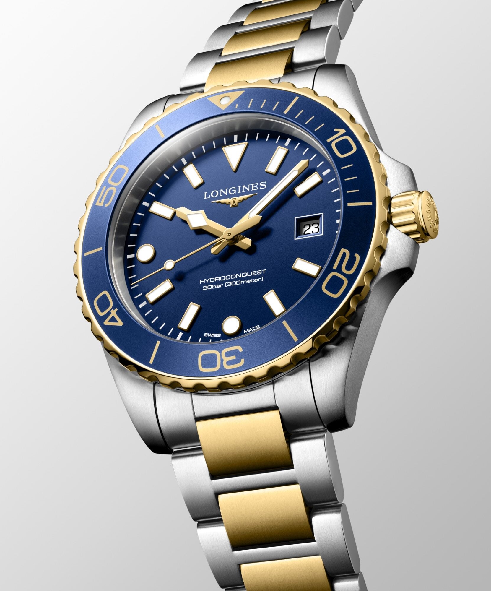 Longines HydroConquest 42mm Blue Bezel Yellow Gold PVD Bracelet Quartz Mens Watch