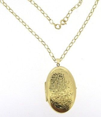 Vintage 9ct Yellow Gold Oval Engraved Locket with Rolo Chain 18'