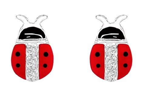 Sterling Silver CZ Red Ladybird Stud Earrings