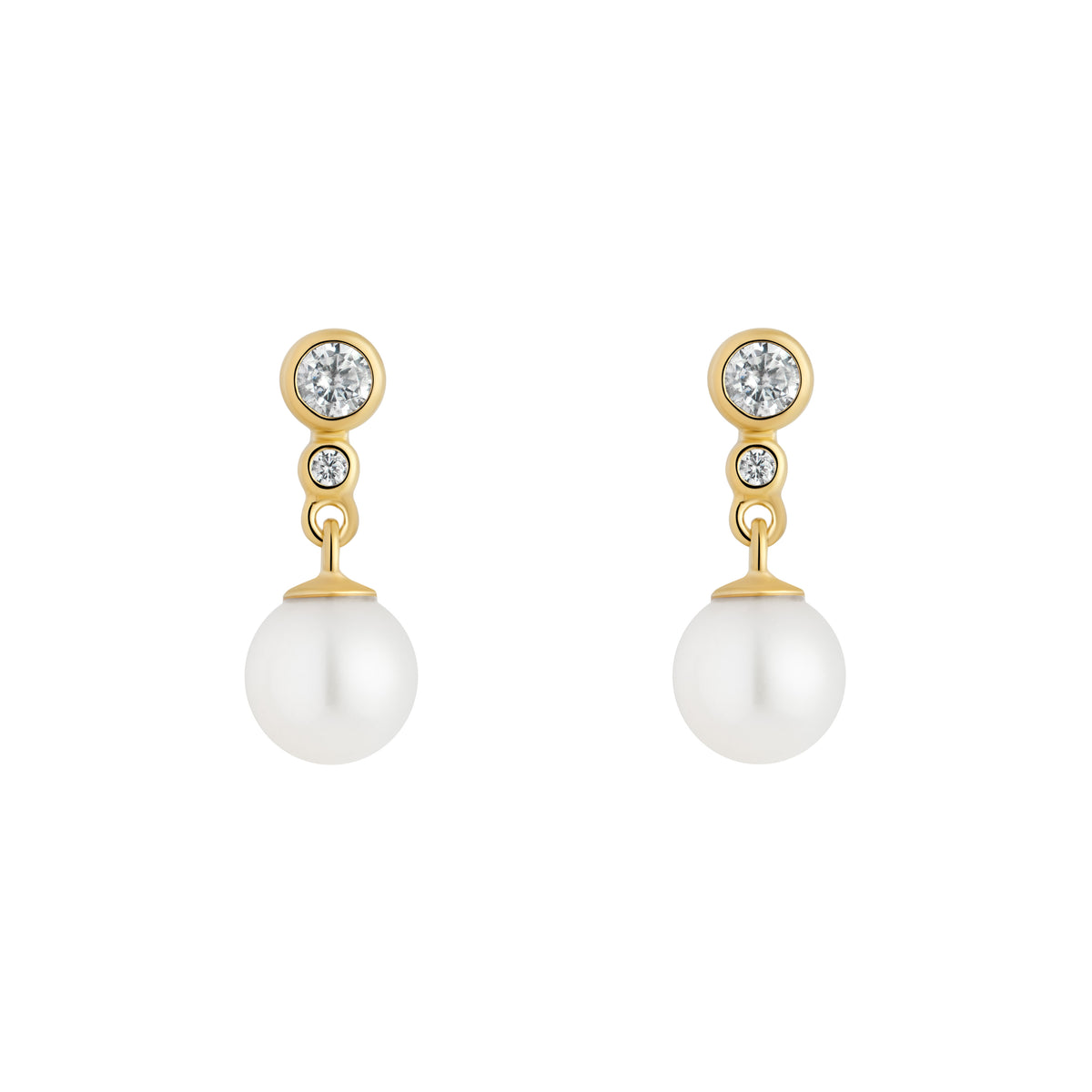 Sterling Silver Yellow Gold Plated Freshwater Pearl Drop Earrings With Bezel Set Cubic Zirconia
