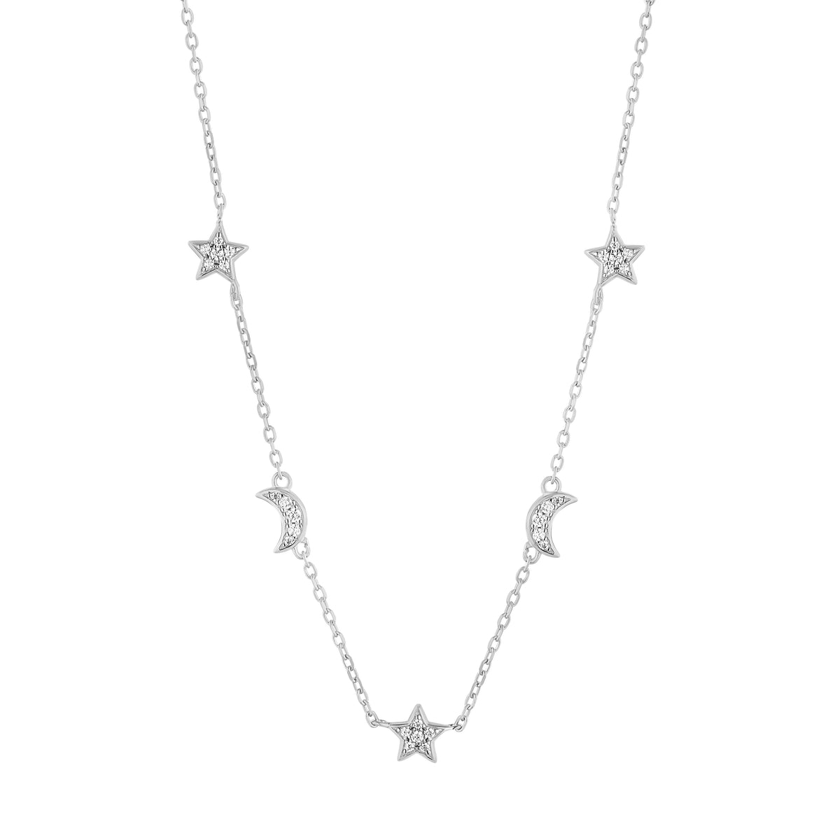 Sterling Silver Cubic Zirconia Star And Moon Necklace 16-18"