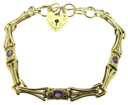 Vintage 9ct Yellow Gold 3 Stone Amethyst Gate Link Bracelet With Padlock And Safety Chain