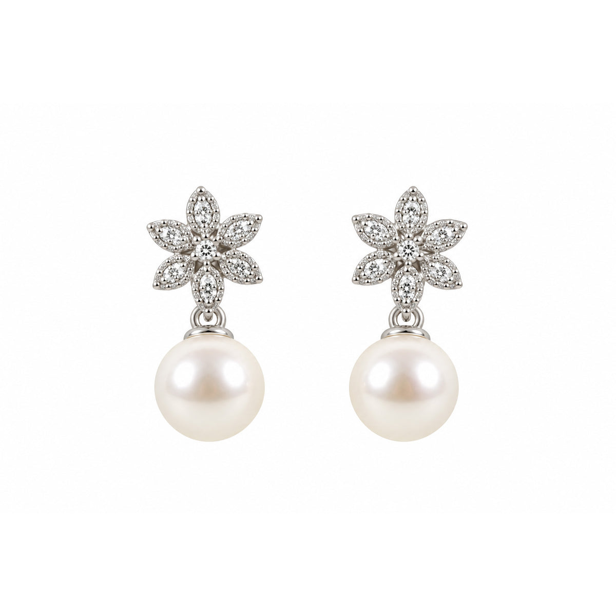 9ct White Gold Cultured Pearl & Diamond Flower Drop Stud Earrings
