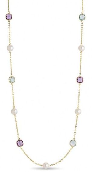 9ct Yellow Gold Cultured Pearl, Amethyst & Blue Topaz Necklace
