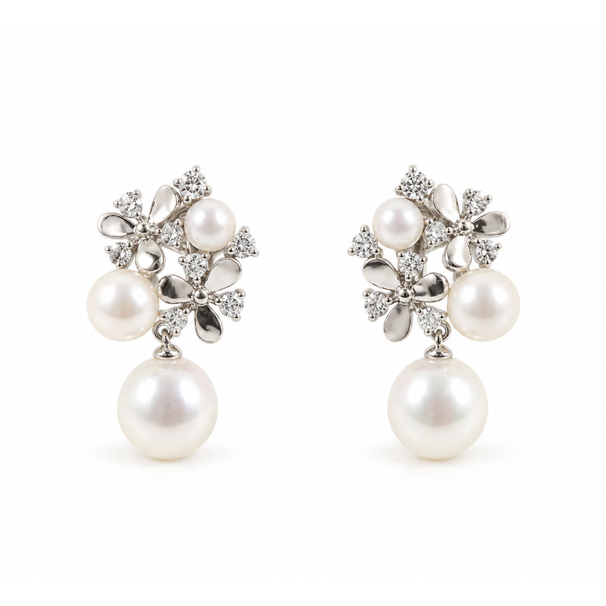 9ct White Gold Akoya Pearl & Diamond Floral Stud Earrings