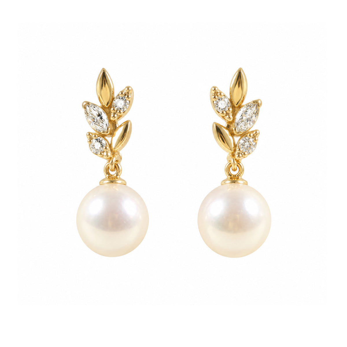 9ct Yellow Gold Akoya Pearl & Diamond Leaf Drop Earrings