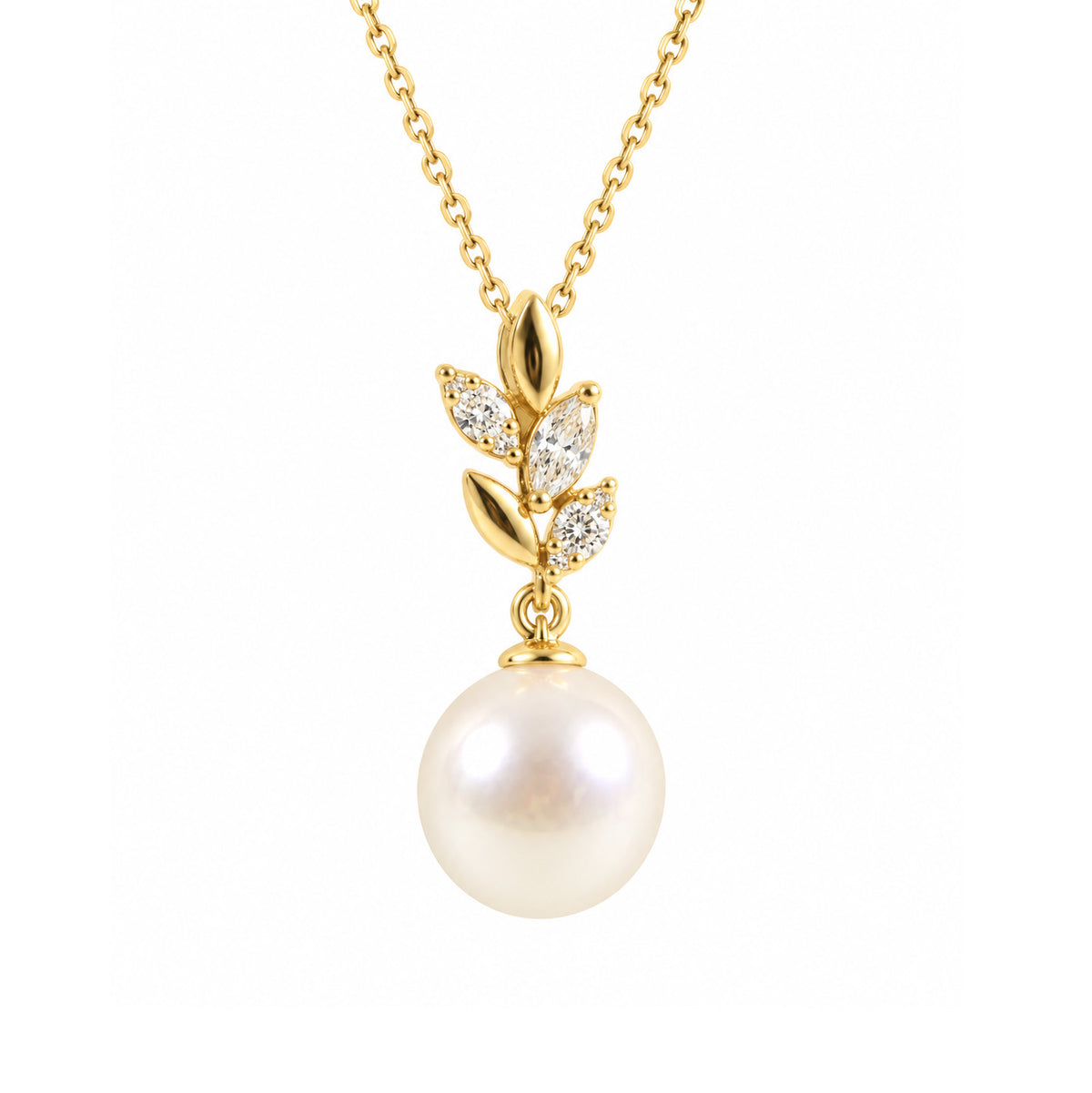 9ct Yellow Gold Akoya Pearl & Diamond Leaf Necklace