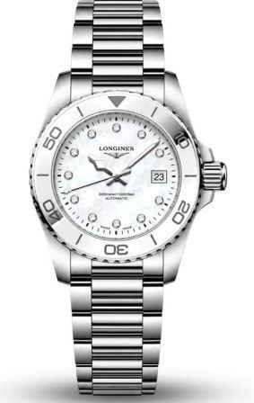 Longines - Ladies HydroConquest Quartz Watch, Stainless Steel Bracelet And 30mm Case, Scratch-resistant Sapphire Crystal With Several Layers Of Anti-reflective Coating On Both Sides, Mother Of Pearl Dial With 11 Diamond Hour Markers, Date Window
