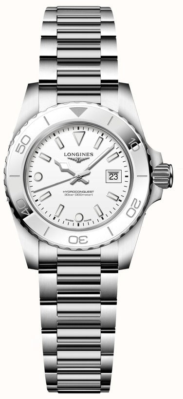Longines - Ladies HydroConquest Quartz Watch, Stainless Steel Bracelet And 30mm Case, Scratch-resistant Sapphire Crystal With Several Layers Of Anti-reflective Coating On Both Sides, Mother Of Pearl Dial With 11 Diamond Hour Markers, Date Window