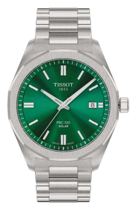 Tissot - Gents PRC 100 Solar Quartz Watch, Stainless Steel Bracelet And 39mm Case, Scratch-resistant Sapphire Crystal Glass, Green Dial With Hands And Indexes Coated With Super-LumiNova, Date Window