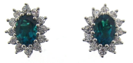 9ct White Gold Created Emerald And Cubic Zirconia Cluster Earrings