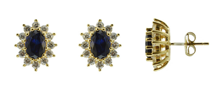 9ct Yellow Gold Created Sapphire and CZ Cluster Earrings