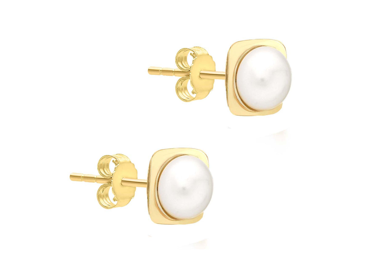 9ct Yellow Gold Small Pearl Square Stud Earrings
