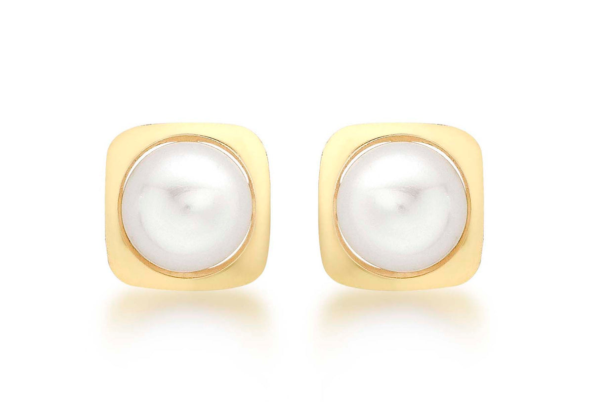 9ct Yellow Gold Small Pearl Square Stud Earrings