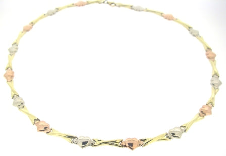 9ct 3-Colour Gold Hearts And Kisses Necklace