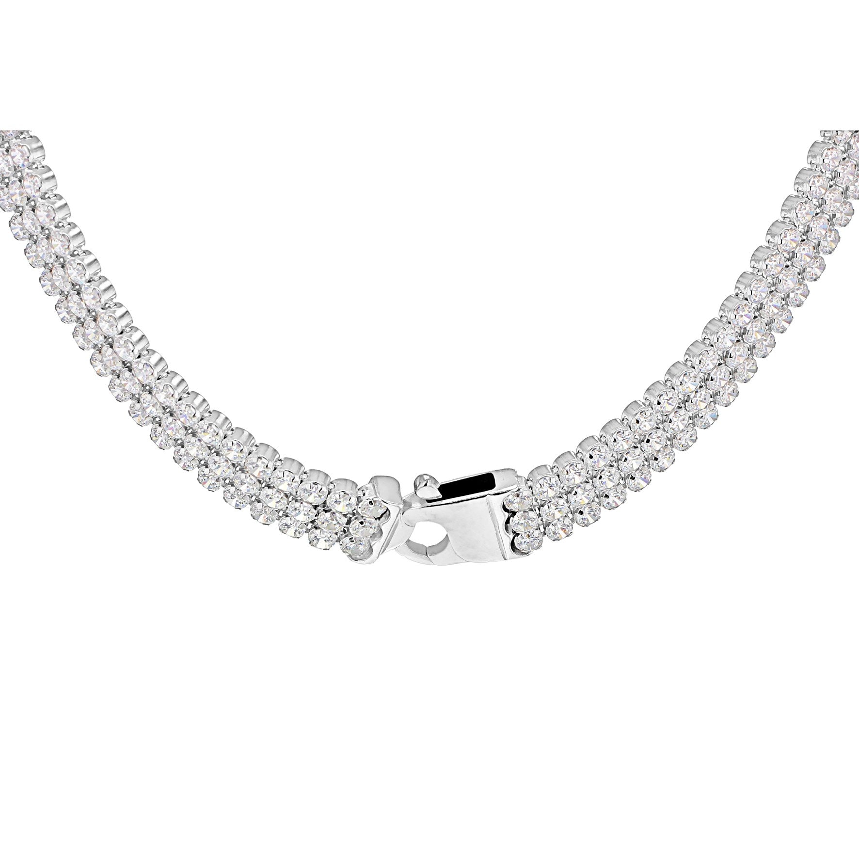 Silver 3 Row Round Cubic Zirconia Tennis Necklace - 17'