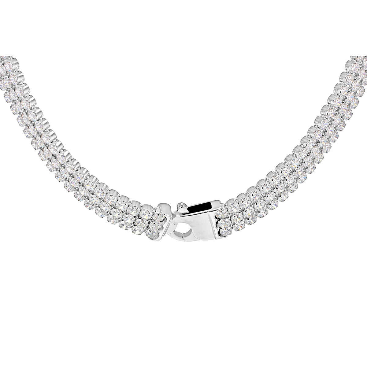 Silver 3 Row Round Cubic Zirconia Tennis Necklace - 17'