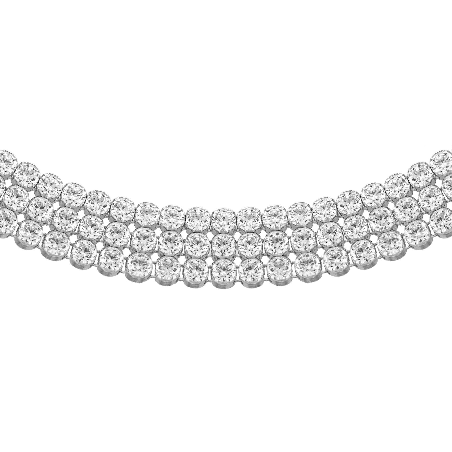 Silver 3 Row Round Cubic Zirconia Tennis Necklace - 17'