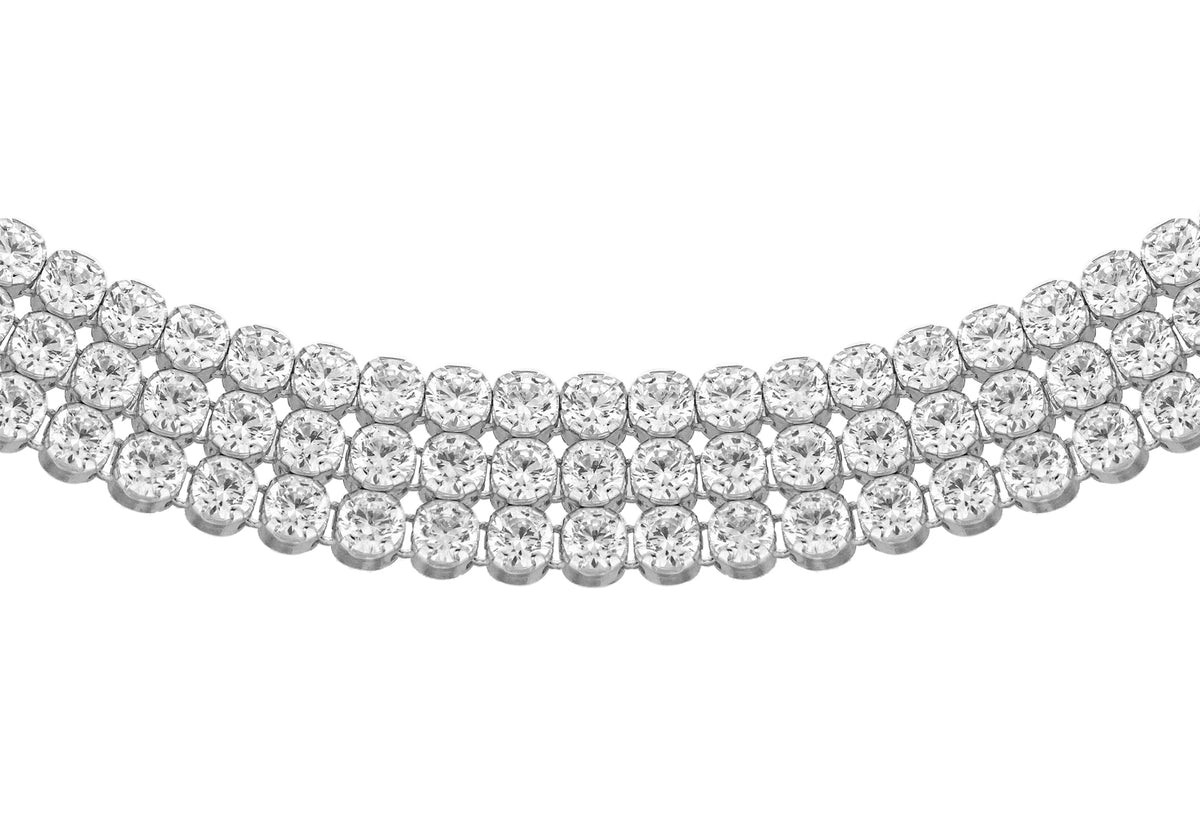 Silver 3 Row Round Cubic Zirconia Tennis Necklace - 17'