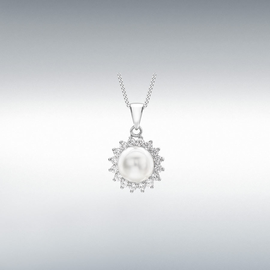 9ct White Gold Pearl And CZ Cluster Pendant With Chain