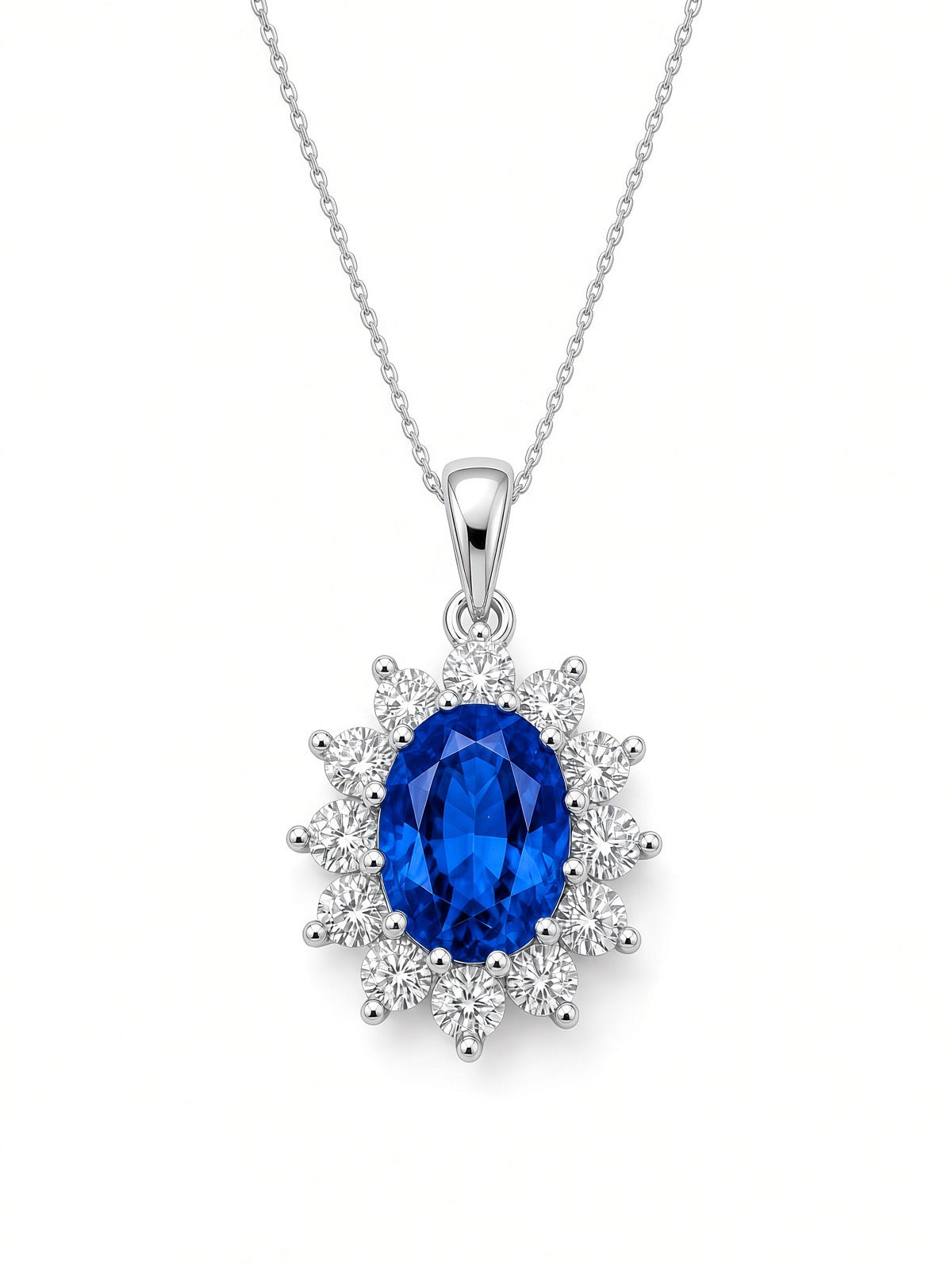 9ct White Gold Created Sapphire And Cubic Zirconia Cluster Pendant 17-18"