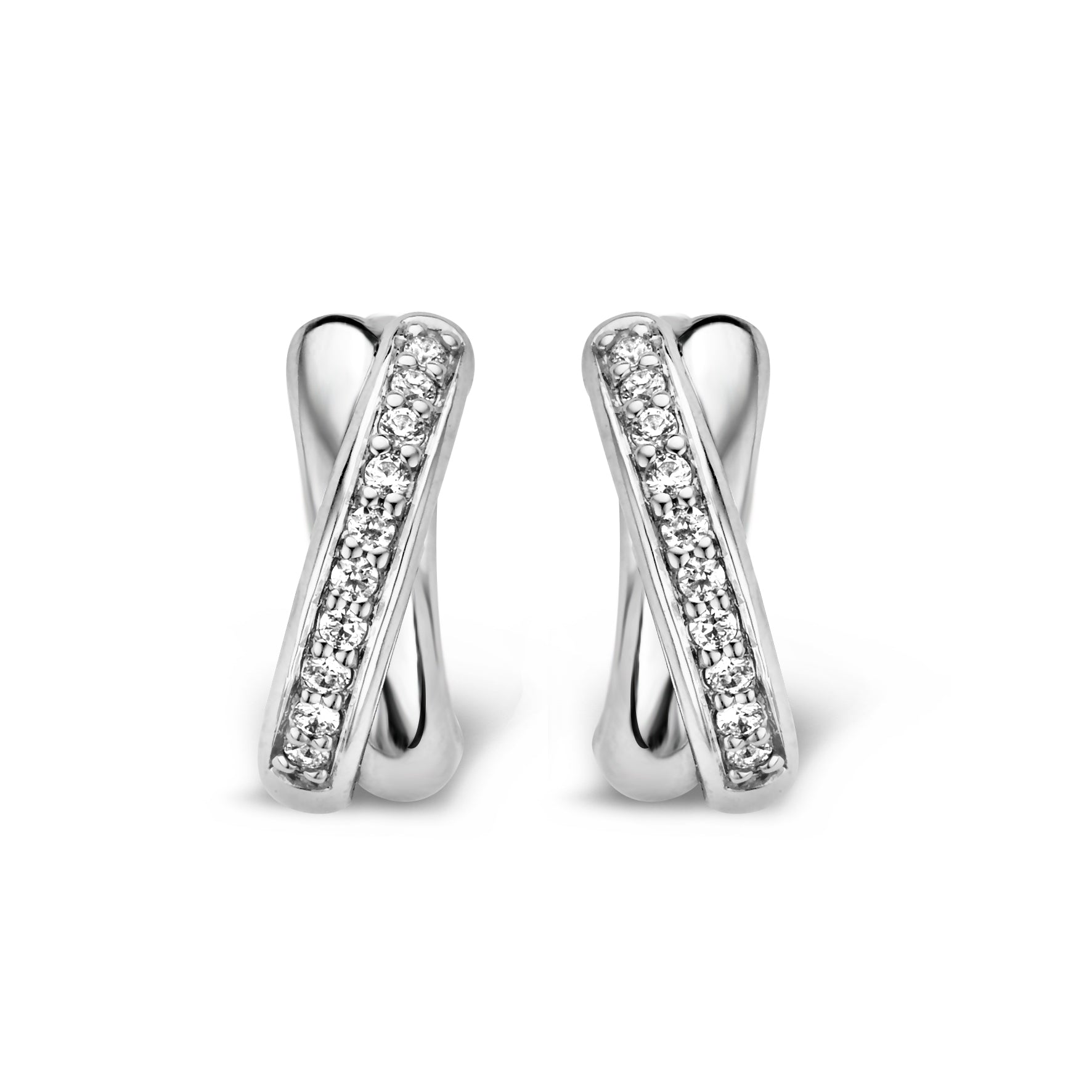 Ti Sento Crossover Hoop Earrings - Cubic Zirconia, Sterling Silver, 7x9mm