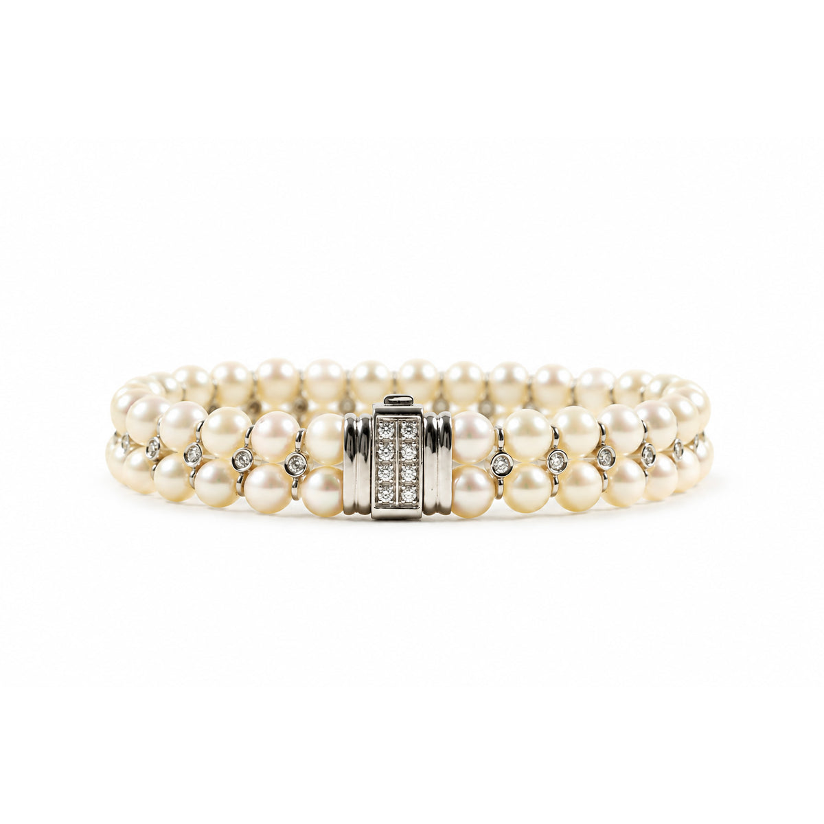 18ct White Gold 2 Row Cultured Pearl And Diamond Bracelet