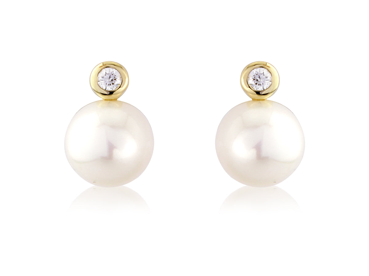 9ct Yellow Gold Diamond & Pearl Snowman Stud Earrings