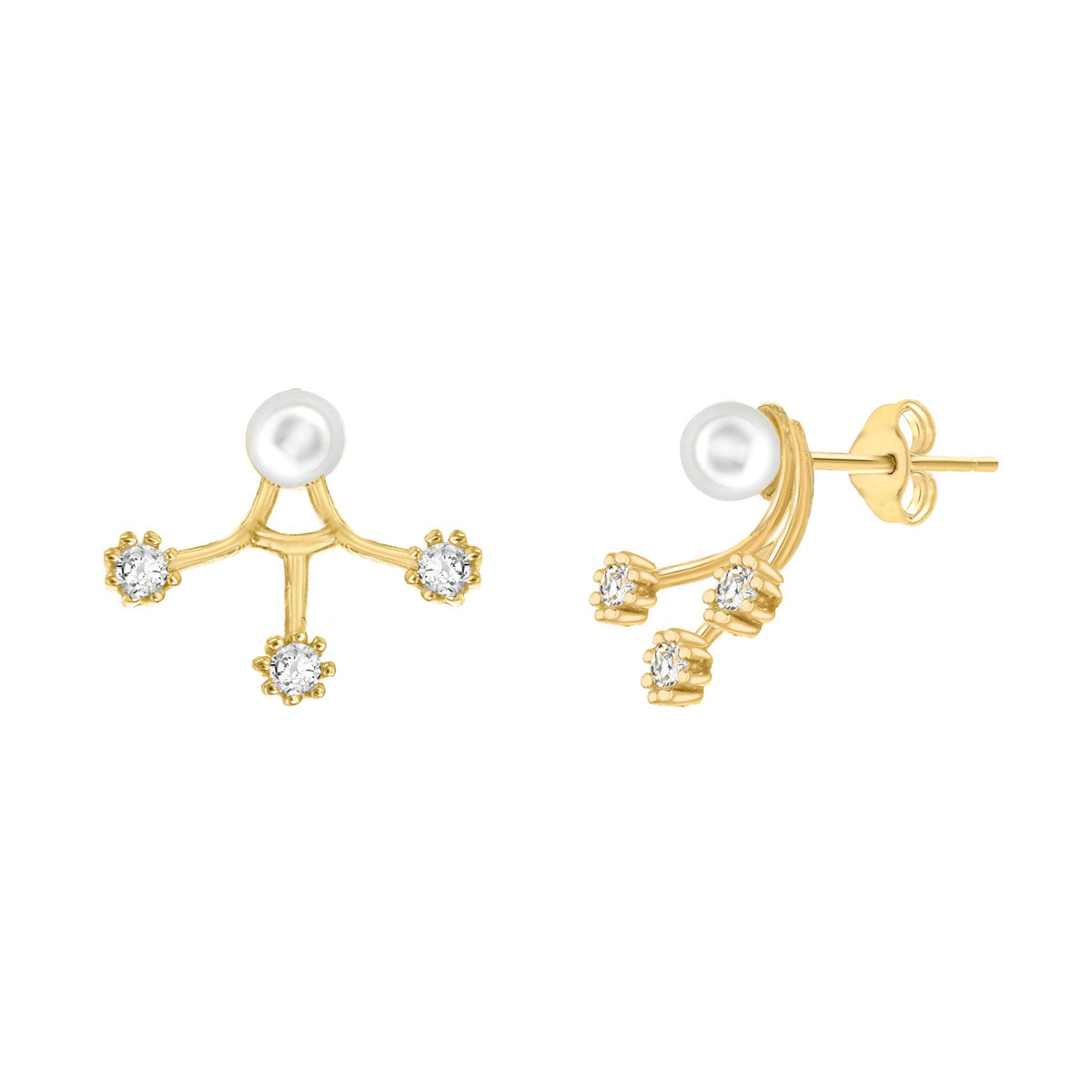 Elegant 9ct Yellow Gold CZ & Pearl Fan Jack Earrings